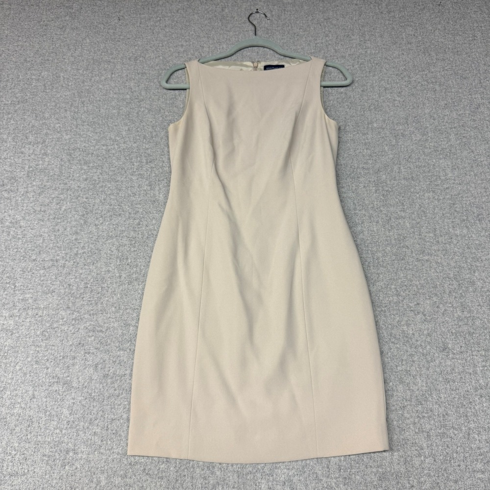 Ann Taylor Sheath Dress 4P Beige Sleeveless Boat Neck Lined Professional Career